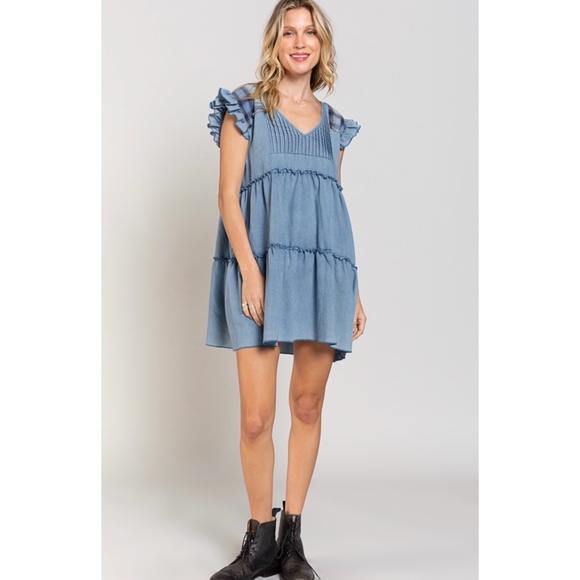 POL V Neck Ruffle Sleeve Denim Babydoll Dress with Plaid - Picture 4 of 5